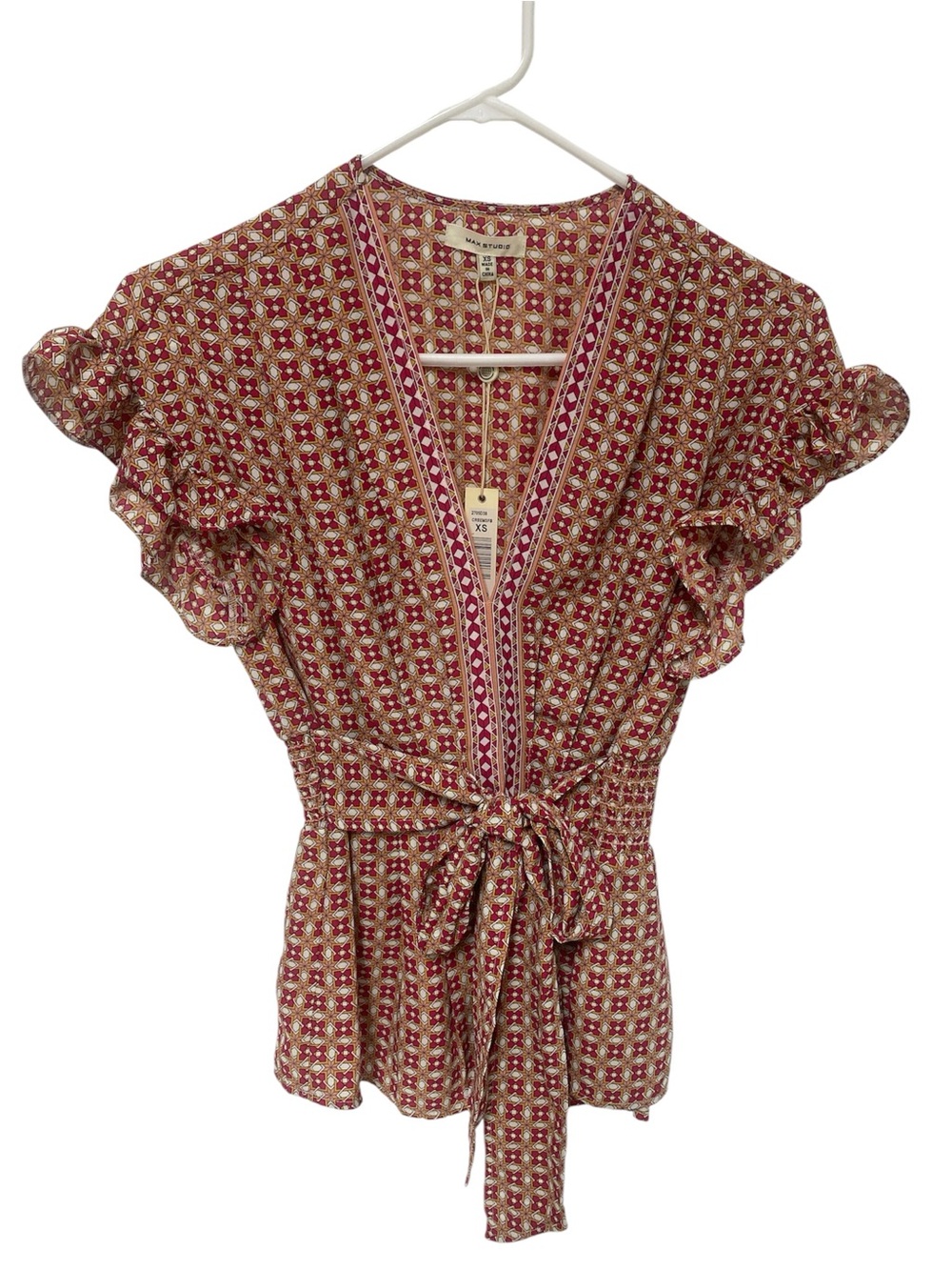 Max Studio Burgundy Printed Tie-Waist Ruffle Sleeve Blouse